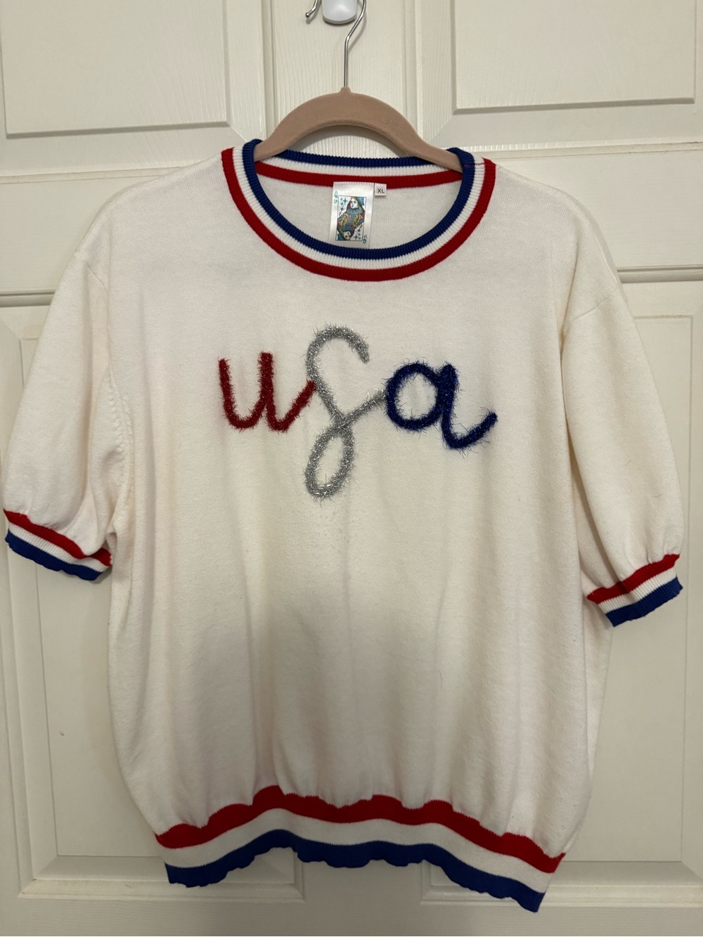 QUEEN OF SPARKLES Cream Short-Sleeve Sweater with Red, Blue & Silver 'USA'